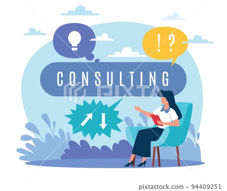 Consulting, supervisory development training, online questions and answers, psychology help. Female expert technical support. Vector cartoon flat psychologist or coach concept Consulting, supervisory development training, online questions and answers, psychology help. Female expert technical support. Vector cartoon flat psychologist or coach concept 94409251
