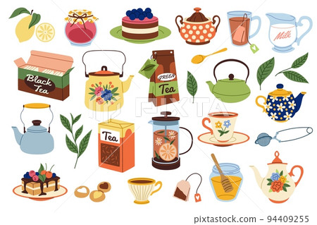 Cartoon tea time. Cute dessert food and hot drink objects, cozy home feast hand drawn elements, cups and mugs with beverages, cakes and pies, honey and jam, kettles and teapot tidy vector set 94409255