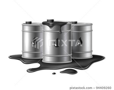 Barrels with leaking engine oil. Realistic hazard black liquid, petroleum products storage, metal containers, black puddlesand drops, 3d composition, industrial tank utter vector concept Barrels with leaking engine oil. Realistic hazard black liquid, petroleum products storage, metal containers, black puddlesand drops, 3d composition, industrial tank utter vector concept 94409260