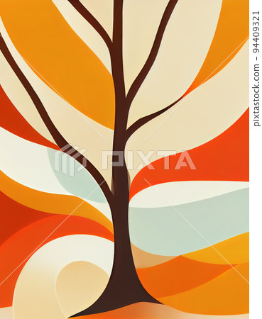 Abstract simple illustration of a tree in autumn colors. Digital illustration based on render by neural network 94409321