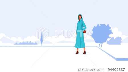 Fashionable lady in a coat with a bag in the park, minimalist flat style illustration, fall, winter theme 94409887