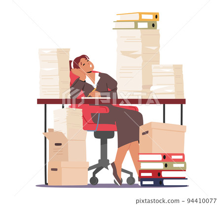 Tired Business Woman Sleeping at Workplace with Heaps of Documents and Paperwork. Secretary Loaded with Work in Office Tired Business Woman Sleeping at Workplace with Heaps of Documents and Paperwork. Secretary Loaded with Work in Office 94410077