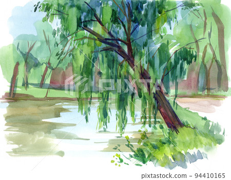 Watercolor sketch of a city park. Landscape With Trees Watercolor sketch of a city park. Landscape With Trees 94410165
