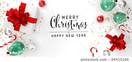 Christmas gift boxes with trees and baubles - 3D render Christmas gift boxes with trees and baubles - 3D render 94410266