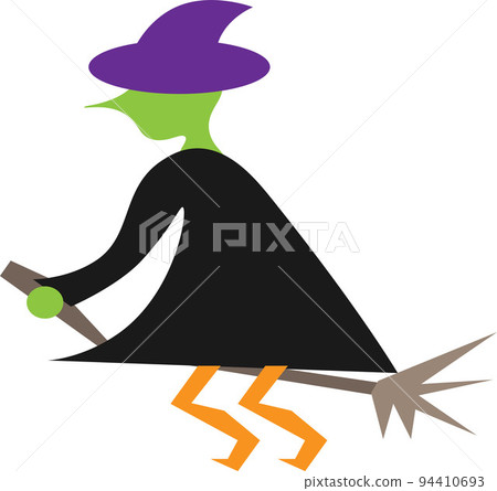 一個戴著紫色帽子的飛天掃帚上的女巫的插圖 一個戴著紫色帽子的飛天掃帚上的女巫的插圖 94410693