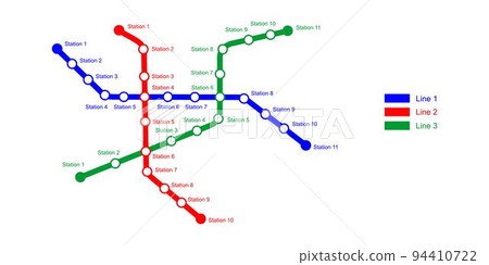 Metro map template. Subway scheme with 3 colored way lines with stations. Infographic diagram of public rapid transport network 94410722