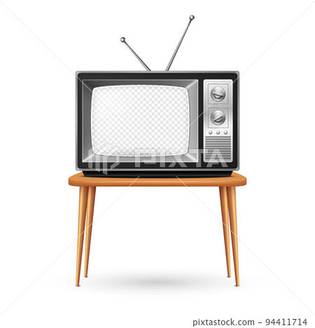 Vector 3d Realistic Retro TV Receiver on a Wooden Table Stand Closeup Isolated on White. Vintage TV Set with Transparent Screen. Television, Front View Vector 3d Realistic Retro TV Receiver on a Wooden Table Stand Closeup Isolated on White. Vintage TV Set with Transparent Screen. Television, Front View 94411714