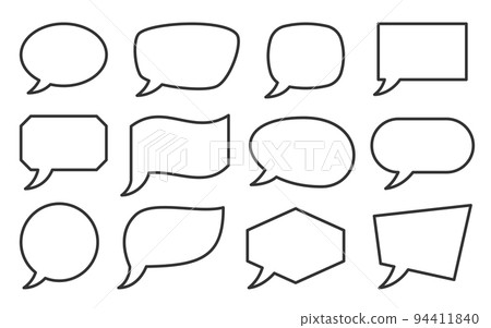 Speech bubble banner set, line style. Different abstract geometric shape, cloud, balloon. Blank linear speak sign for text, chat, message, communication, talk, dialog. Empty label template, frame 94411840