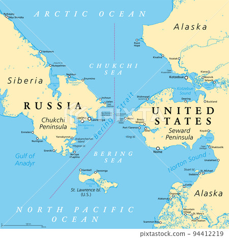 Bering Strait, political map. Strait between the North Pacific Ocean and the Arctic Ocean, separating the Chukchi Peninsula of the Russian Far East from the Seward Peninsula of Alaska, United States. 94412219