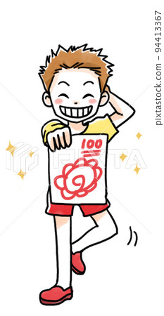 Illustration of a smiling kid getting a perfect score on a test Illustration of a smiling kid getting a perfect score on a test 94413367
