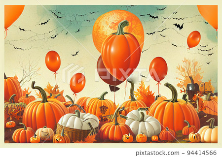 Halloween background, funny pumpkins, balloons and candies. Greeting card Halloween background, funny pumpkins, balloons and candies. Greeting card 94414566