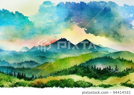 Panorama mountain range watercolor landscape painting on paper background, 94414581