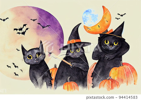 group of three cute Halloween black cat wear witch 94414583