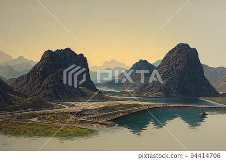 Hatta Dam and Mountains view early morning, Hand painting, 94414706