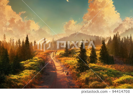 Pathway through the hills of majestic evergreen forest. Mighty Pathway through the hills of majestic evergreen forest. Mighty 94414708