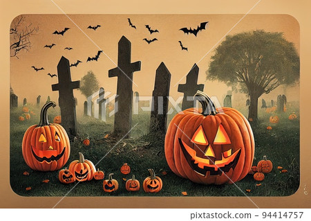 Halloween Card Party - Pumpkins And Zombies In Graveyard Halloween Card Party - Pumpkins And Zombies In Graveyard 94414757