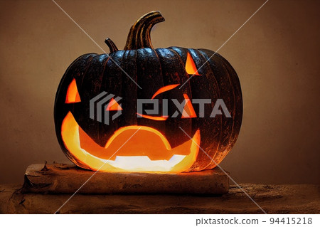 Halloween composition of a burning pumpkin with a bat. 94415218