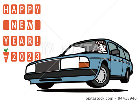 2023年新年賀卡模板北歐旅行車有兔子和氣氛 94415946