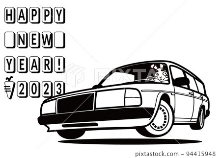 2023 年新年賀卡模板北歐旅行車單色與兔子 94415948