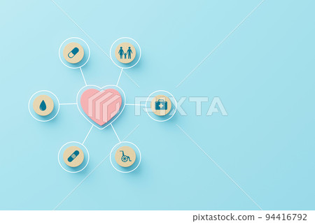 Wood block with icon healthcare medical and heart shape. Insurance for your health care concept 94416792