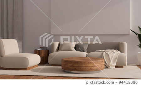 Cozy minimal nordic home or apartment living room interior with comfortable sofa, wood coffee table 94418386
