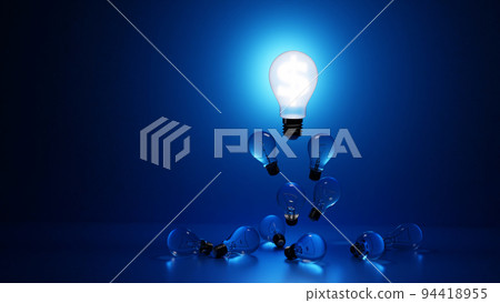Light bulb illuminate dollar sign in group of darkened incandescent lamp, leader concept, 3D render Light bulb illuminate dollar sign in group of darkened incandescent lamp, leader concept, 3D render 94418955