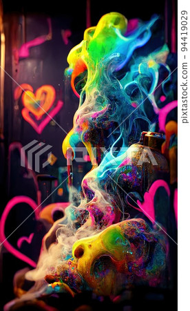Abstract smoke multicolored on black background. A wall splattered with colored paint, surrounded by colored smoke. Perfect for phone wallpaper or for posters Abstract smoke multicolored on black background. A wall splattered with colored paint, surrounded by colored smoke. Perfect for phone wallpaper or for posters 94419029