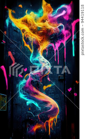 Abstract smoke multicolored on black background. A wall splattered with colored paint, surrounded by colored smoke. Perfect for phone wallpaper or for posters 94419118