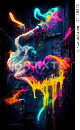 Abstract smoke multicolored on black background. A wall splattered with colored paint, surrounded by colored smoke. Perfect for phone wallpaper or for posters Abstract smoke multicolored on black background. A wall splattered with colored paint, surrounded by colored smoke. Perfect for phone wallpaper or for posters 94419246