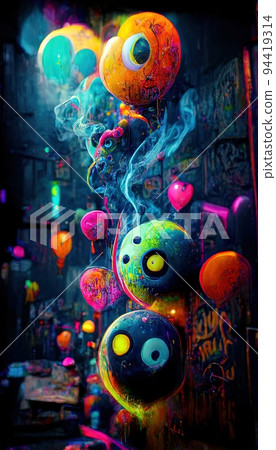 Abstract multicolored balloons. Lots of colored balloons, colored paints, rainbows, and multicolored smoke. Colorful wonderful illusion of dreams. The concept of dreams and illusions. 94419314