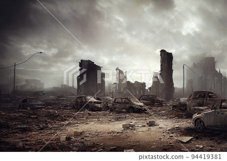 A post-apocalyptic ruined city. Destroyed buildings, burnt-out vehicles and ruined roads. 3D rendering A post-apocalyptic ruined city. Destroyed buildings, burnt-out vehicles and ruined roads. 3D rendering 94419381