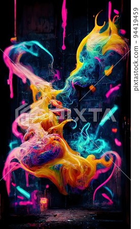 Abstract smoke multicolored on black background. A wall splattered with colored paint, surrounded by colored smoke. Perfect for phone wallpaper or for posters Abstract smoke multicolored on black background. A wall splattered with colored paint, surrounded by colored smoke. Perfect for phone wallpaper or for posters 94419459