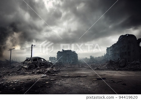 A post-apocalyptic ruined city. Destroyed buildings, burnt-out vehicles and ruined roads. 3D rendering A post-apocalyptic ruined city. Destroyed buildings, burnt-out vehicles and ruined roads. 3D rendering 94419620