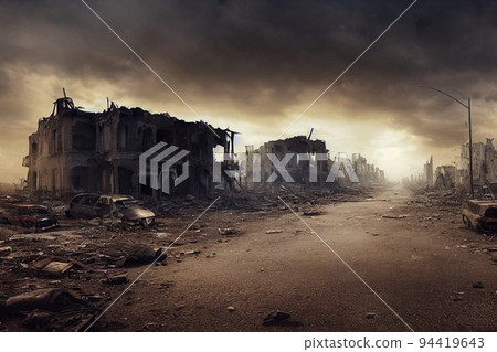 A post-apocalyptic ruined city. Destroyed buildings, burnt-out vehicles and ruined roads. 3D rendering A post-apocalyptic ruined city. Destroyed buildings, burnt-out vehicles and ruined roads. 3D rendering 94419643