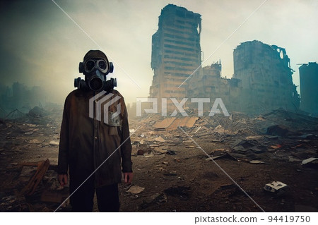 A stalker survivor in protective clothing and an old gas mask against the apocalyptic backdrop of a destroyed city. Survivor of nuclear war. 3d rendering 94419750