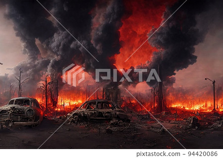 A post-apocalyptic ruined city. Destroyed buildings, burnt-out vehicles and ruined roads. Buildings on fire, smoke, smog, dust and fires. 3D rendering A post-apocalyptic ruined city. Destroyed buildings, burnt-out vehicles and ruined roads. Buildings on fire, smoke, smog, dust and fires. 3D rendering 94420086