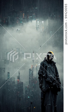 Portrait of a man in a futuristic cyberpunk style in a cyber suit. A high-tech man from the future. The concept of virtual reality and cyberpunk. 3D Rendering 94420093