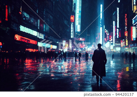 A futuristic neon city. A man in a raincoat walks down the street of the city of the future in the rain. Neon light reflected in the wet asphalt. 3d rendering A futuristic neon city. A man in a raincoat walks down the street of the city of the future in the rain. Neon light reflected in the wet asphalt. 3d rendering 94420137
