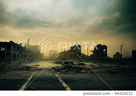 A post-apocalyptic ruined city. Destroyed buildings, burnt-out vehicles and ruined roads. 3D rendering A post-apocalyptic ruined city. Destroyed buildings, burnt-out vehicles and ruined roads. 3D rendering 94420232
