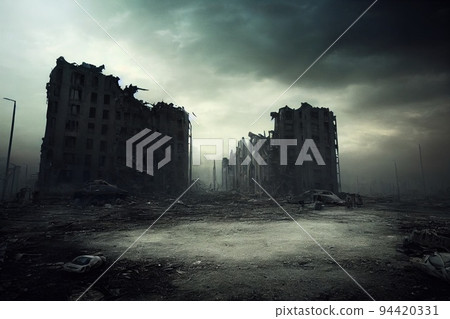 A post-apocalyptic ruined city. Destroyed buildings, burnt-out vehicles and ruined roads. 3D rendering A post-apocalyptic ruined city. Destroyed buildings, burnt-out vehicles and ruined roads. 3D rendering 94420331