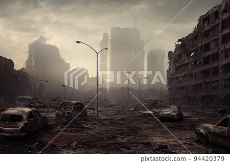 A post-apocalyptic ruined city. Destroyed buildings, burnt-out vehicles and ruined roads. 3D rendering A post-apocalyptic ruined city. Destroyed buildings, burnt-out vehicles and ruined roads. 3D rendering 94420379