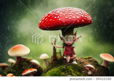 Wonderful fairy tale mushrooms with an elf. A magical forest glade. Forest fairy tale concept. 3D rendering Wonderful fairy tale mushrooms with an elf. A magical forest glade. Forest fairy tale concept. 3D rendering 94420380