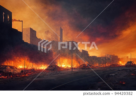A post-apocalyptic ruined city. Destroyed buildings, burnt-out vehicles and ruined roads. Buildings on fire, smoke, smog, dust and fires. 3D rendering A post-apocalyptic ruined city. Destroyed buildings, burnt-out vehicles and ruined roads. Buildings on fire, smoke, smog, dust and fires. 3D rendering 94420382