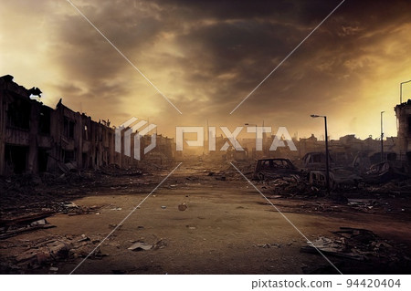 A post-apocalyptic ruined city. Destroyed buildings, burnt-out vehicles and ruined roads. 3D rendering A post-apocalyptic ruined city. Destroyed buildings, burnt-out vehicles and ruined roads. 3D rendering 94420404