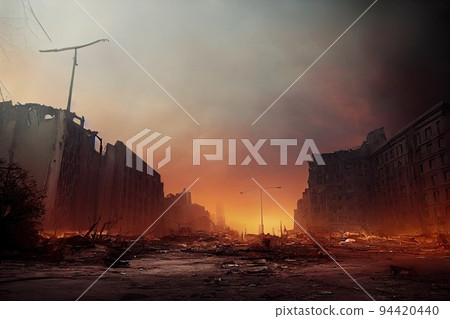 A post-apocalyptic ruined city. Destroyed buildings, burnt-out vehicles and ruined roads. 3D rendering A post-apocalyptic ruined city. Destroyed buildings, burnt-out vehicles and ruined roads. 3D rendering 94420440