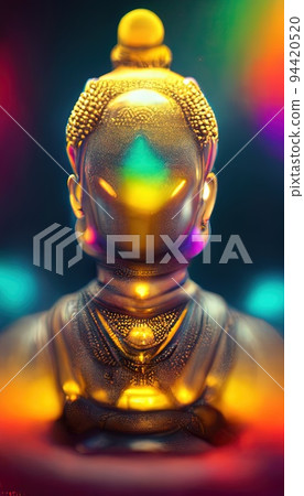 Futuristic chrome-plated Buddha statue. High-tech Buddha. The concept of futuristic and high-tech. Futuristic chrome-plated Buddha statue. High-tech Buddha. The concept of futuristic and high-tech. 94420520