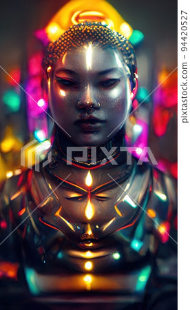 Futuristic chrome-plated Buddha statue. High-tech Buddha. The concept of futuristic and high-tech. Futuristic chrome-plated Buddha statue. High-tech Buddha. The concept of futuristic and high-tech. 94420527