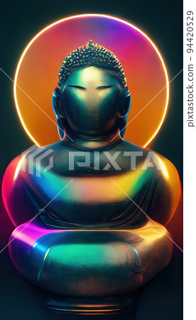 Futuristic chrome-plated Buddha statue. High-tech Buddha. The concept of futuristic and high-tech. 94420529