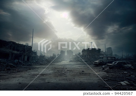 A post-apocalyptic ruined city. Destroyed buildings, burnt-out vehicles and ruined roads. 3D rendering 94420567
