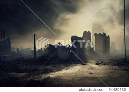 A post-apocalyptic ruined city. Destroyed buildings, burnt-out vehicles and ruined roads. 3D rendering A post-apocalyptic ruined city. Destroyed buildings, burnt-out vehicles and ruined roads. 3D rendering 94420580
